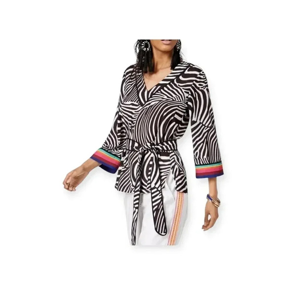 Trina Turk INC zebra print kimono top with rainbow print on sleeves size medium - Picture 7 of 11